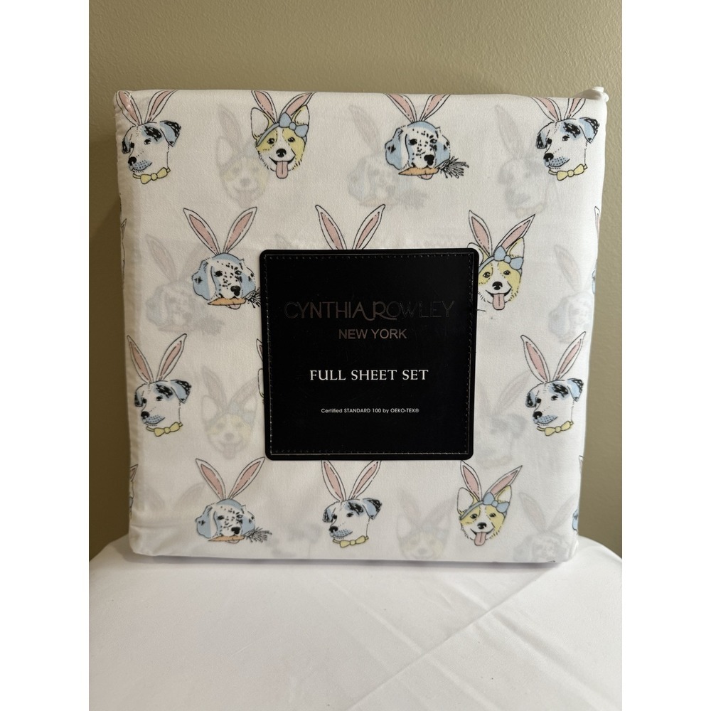Cynthia Rowley Full Sheet Set Dogs With Bunny Ears Easter Spring Novelty Print